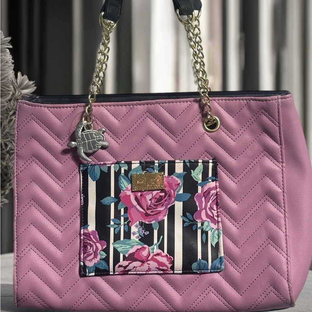 Pink and Black Floral Shoulder Bag with Quilted Texture and Chain Handles